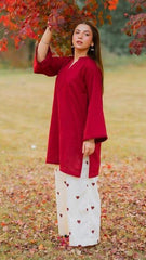 Mehroon Pocket Dhanak Emb Set